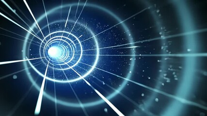 Poster - Glowing particles and light trails forming a swirling tunnel effect, suggesting data transmission or time travel in a futuristic cyberspace environment