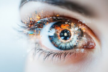 Poster - Close-up of a human eye reflecting a vibrant city landscape with bright lights and architectural details