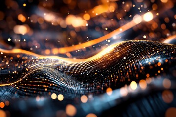 Aufkleber - Abstract representation of waves with glowing particles in a dark background created using digital techniques