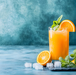 Orange juicy refreshment glass concept. Refreshing orange juice cocktail with ice, garnished with mint and a slice of orange on a textured blue background.