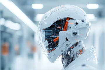 Poster - Robotic astronaut helmet showcasing advanced technology in a modern lab environment