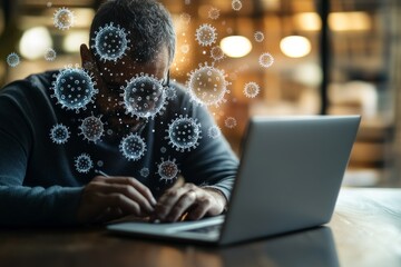 Poster - Man working on laptop while contemplating the impact of viruses in a modern workspace during the daytime