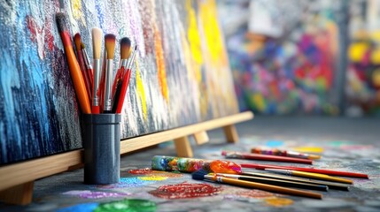 Aufkleber - Brushes in cup near painted canvas.