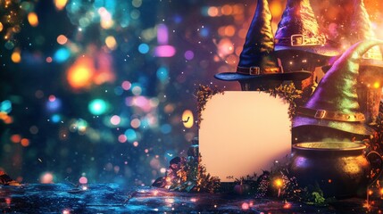 Fototapete - Witch hats, cauldrons, and blank sign on wooden surface with bokeh lights background.