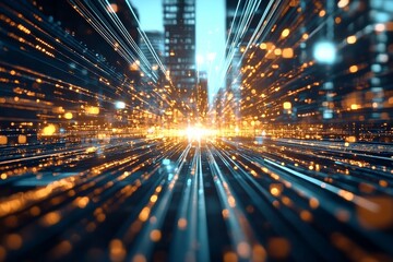 Poster - Dynamic light trails create a futuristic cityscape at night with vibrant colors and beams of illumination