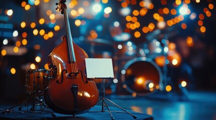 Poster - Upright bass and drums on stage with bokeh lights.