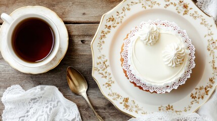 Aufkleber - Cake, tea, spoon on wooden table.
