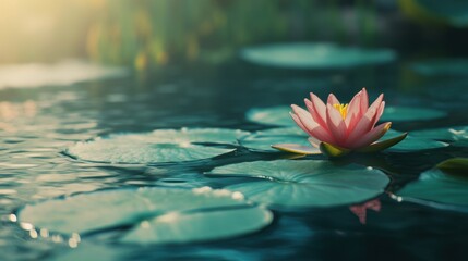 Wall Mural - A delicate water lily stands out on tranquil water, illuminated by soft sunlight, creating a peaceful natural setting