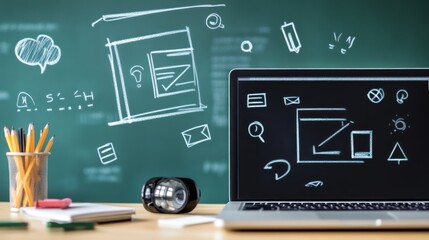 Poster - Open laptop with sketches on screen, desk with pens, notepad, blackboard background.