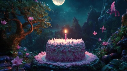 Leinwandbilder - Birthday cake with lit candle, at night, moonlit fantasy environment.