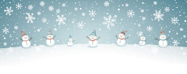 Poster - Seven snowmen in snowy scene with snowfall.