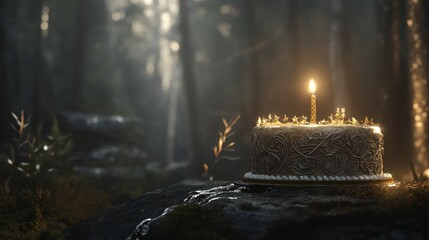 Aufkleber - Lit birthday cake sits on a rock in forest.