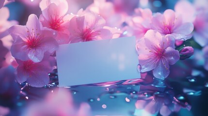Aufkleber - Pink blossoms surround a blank card on a reflective surface.