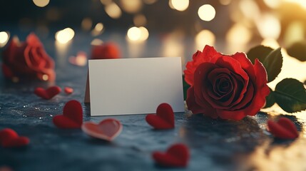 Poster - Romantic scene with rose, heart shapes, card on blurred lights background.