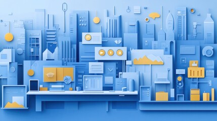 Poster - Blue layered cityscape with technology icons and office setup.