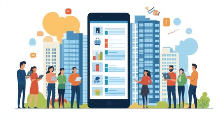 Aufkleber - People using app, city background.