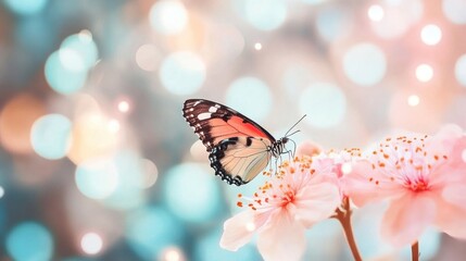 Wall Mural - Colorful butterfly gracefully perched on a soft flower, surrounded by enchanting bokeh lights in a serene setting