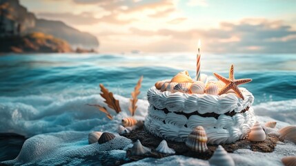 Poster - Beach birthday cake with sea shells.