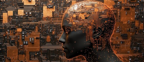 Poster - Circuit board closeup with a copperetched human head silhouette, symbolizing AI integration with human intelligence, ultrarealistic, cuttingedge technology