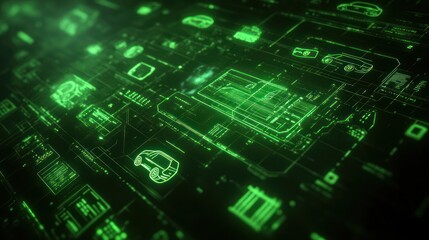 Aufkleber - Green tech grid with car icons.