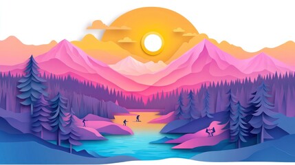 Poster - Paper style landscape with sun, mountains, water, and trees, people enjoying outdoor.