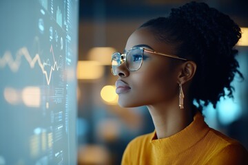 Poster - Focused professional analyzing data on a digital screen in a modern office environment at evening