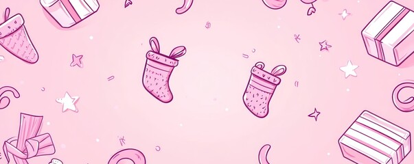 Poster - Pink festive pattern with gifts and stockings for holiday celebration.