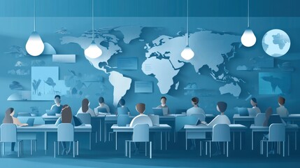 Poster - Global team working at desks with world map wall.
