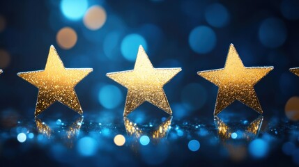 Poster - Golden five stars in row with blue bokeh effect background.