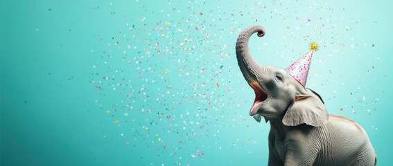 Poster - Baby elephant wearing birthday hat with confetti against turquoise background.