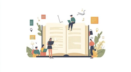 Poster - People learn around giant book with devices, icons floating above.