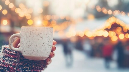 Wall Mural - A woman holds a cozy mug in a bustling Christmas market, surrounded by cheerful decorations and twinkling lights in the background