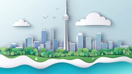 Poster - Paper cut cityscape with a tower, buildings, trees and birds.