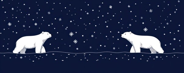 Poster - Two polar bears walk in a dark, snowy night.