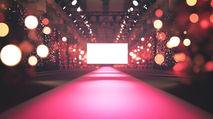 Fototapete - Empty runway with pink carpet, bokeh lights, and white screen.