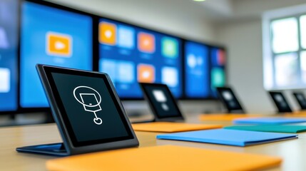 Aufkleber - Multiple tablets on a conference table, with large screens in the background.