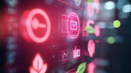 Poster - Red glowing icons display information on a dark background with depth of field.