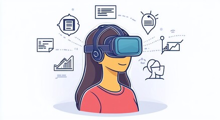 Aufkleber - Woman using virtual reality headset with data icons.