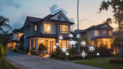 Poster - Smart home connected network in suburban house at dusk.