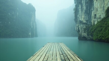 Poster - A rustic dock extends over a misty mountain lake, flanked by towering cliffs, creating a serene atmosphere