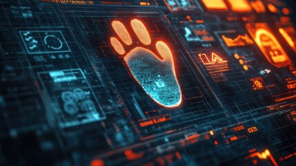 Poster - Paw print on glowing digital screen with graphs, charts, and data.