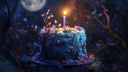 Poster - Cake with candle, night setting, fantasy.