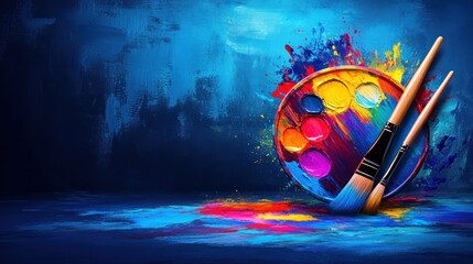 Poster - Paintbrushes and palette with vibrant colorful paint on textured background.