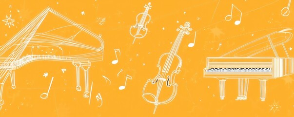 Aufkleber - Musical instruments pianos, cellos, music notes with orange background.
