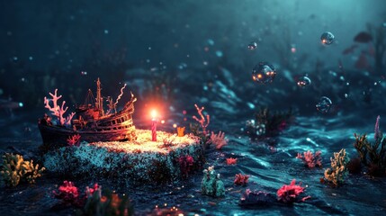 Poster - Undersea scene with sunken ship, bubbles, and light.