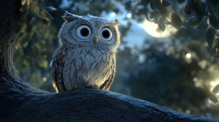 Cute cartoon owl perched on a tree branch at night, under moonlight.
