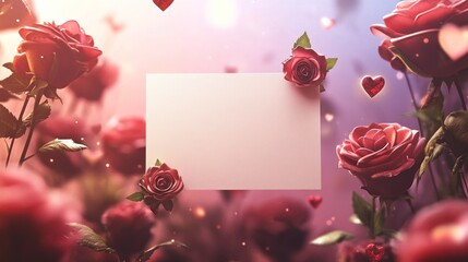 Poster - Red roses and floating hearts surround blank card on blurry background.