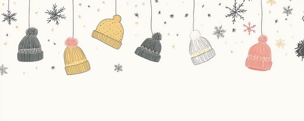 Poster - Colorful hats hanging with snowflakes.