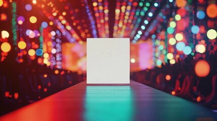 Fototapete - White square stage with colorful bokeh lights in background.