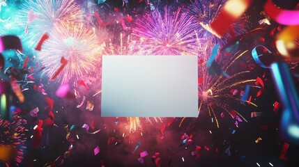 Aufkleber - Blank rectangle surrounded by fireworks, confetti.